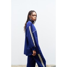 Lacivert Kadın Dik Yaka Yarım Fermuarlı Etiket Detaylı  Sweatshirt ve  Rahat Kesim Şerit Detaylı Pantolon Pamuklu  Örme Alt Üst Takım