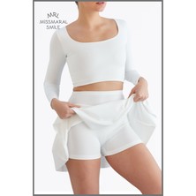 Beyaz / Ekru Etek Içi Sabit Şortlu Yüksek Bel  Skirt With Shorts Casual+Beachwear+Tennis 1101