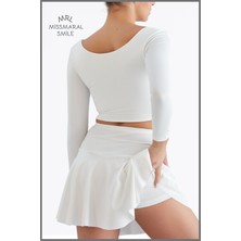 Beyaz / Ekru Etek Içi Sabit Şortlu Yüksek Bel  Skirt With Shorts Casual+Beachwear+Tennis 1101