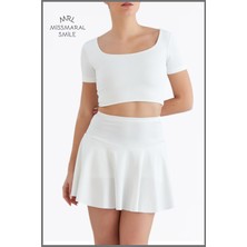 Beyaz / Ekru Etek Içi Sabit Şortlu Yüksek Bel  Skirt With Shorts Casual+Beachwear+Tennis 1101