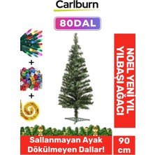 Yeşil 90 cm Yılbaşı Çam Ağacı 80 Dal Kutulu Süsleme Seti Renkli Işığı Carlburn Kalitesi