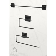 Atacı Home Yapışkanlı 5 Li Siyah Uzun Havlu Fön Askısı Wc Tuvalet Kağıtlık Rulo Havluluk Askı Banyo Mutfak Seti