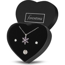 Forentina Mor Taşlı Çiçek Kolye Küpe Yüzük Takı Seti PS2398