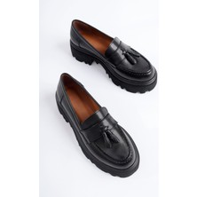 Marshetta Shoes Class Model Siyah Cilt Püsküllü Kadın Loafer Ayakkabı