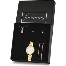 Forentina Altın Kaplama Zirkon Taşlı Kolye Küpe Bileklik Saat Hediye Set PS2420