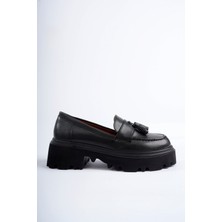 Marshetta Shoes Class Model Siyah Cilt Püsküllü Kadın Loafer Ayakkabı