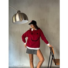Minaaise Kadın Bordo Smile Süzene Nakışlı 3 Iplik Şardonlu Geniş Kesim Sweatshirt 28313
