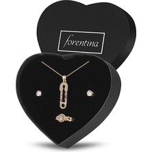 Forentina Altın Kaplama Zirkon Taşlı Kolye Küpe Yüzük Takı Seti PS2402