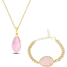 Forentina Altın Kaplama Pembe Taşlı Kolye Bileklik Kombin Set PS2375