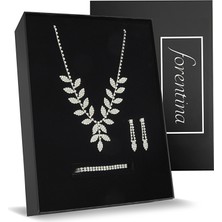 Forentina Gümüş Kaplama Yaprak Modeli Kolye Küpe Bileklik Düğün Seti PS2183