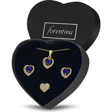 Forentina Altın Kaplama Lacivert Taşlı Kalpli Kolye Küpe Yüzük Takı Seti PS2214