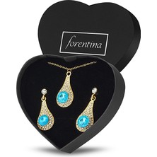 Forentina Turkuaz Kolye Küpe Takı Seti - Kalpli Kutuda PS2171