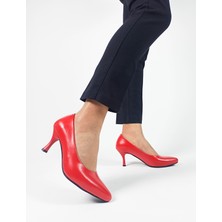 Hakiki Deri Kırmızı Renk  Alçak Topuk Kadın Stiletto