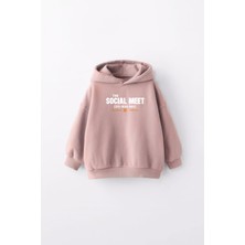 Kız Çocuk Socıal Meet Baskılı Kapüşonlu Manşetli Sweatshirt