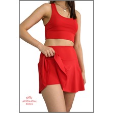 Miss Maral Kırmızı  Etek Içi Sabit Şortlu Yüksek Bel  Skirt With Shorts Casual+Beachwear+Tennis 1101