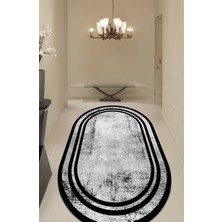 Noble Halı Dijital Baskı Siyah Çerçeveli Gri Oval Modern Dekoratif Makinada Yıkanabilir Salon Yolluk Halısı