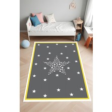 Noble Halı Dijital Baskı Beyaz Sarı Çerçeveli Yıldız Desenli Makinada Yıkanabilir Çocuk Halısı Genç Halısı