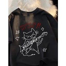Music Is My Life Siyah Oversize T-Shirt