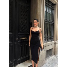 Butik Siyah Askılı Yırtmaçlı Şık Şifon Uzun Elbise