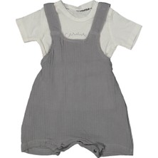 Erkek Bebek Ekru Gri Müslin Salopetli Takım - 1013642