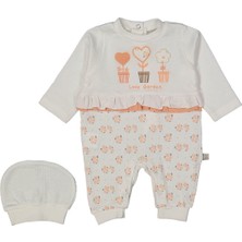 Kız Bebek Ekru Somon Kalp Nakışlı Bereli Tulum - 1014265