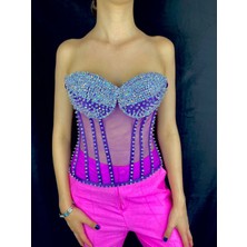 Kristal Taşlı  Zarif Çok Şık  Büstiyer El Yapımı Mor  Tasarım  Korse