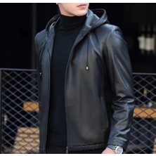 Kapüşonlu Hakiki Deri Spor Ceket