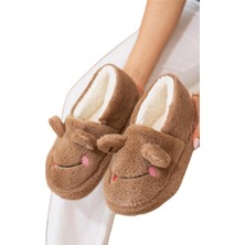 Liger Kışlık Kadın Panduf Ev Ayakkabısı | Kurbağa Figürlü | Kaydırmaz Taban VİZON