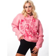 Pembe Tyyz We Vaguely Feel Many Baskılı Oversize Kadın 3 Iplik Sweatshirt Hoodie