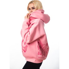 Pembe Tyyz We Vaguely Feel Many Baskılı Oversize Kadın 3 Iplik Sweatshirt Hoodie