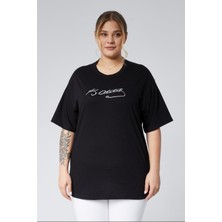 Büyük Beden Atatürk Imza Baskılı Oversize Basic Konfor Kısa Kol Süprem Tshirt-Siyah