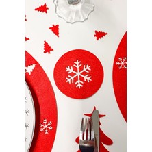 Kuzeylina Kırmızı Kar Tanesi Desenli Bardak Altlığı Seti - 6 Adet Yılbaşı, 3mm Keçe