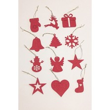 Kuzeylina 12'li Kırmızı Karışık Yılbaşı Ağacı Süsü - 3mm Keçe, Altın Ipli