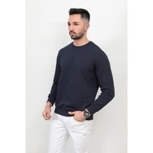 Erkek Indigo Renk Bisiklet Yaka Diagonel Çelikli Interlok Sweat - 5471