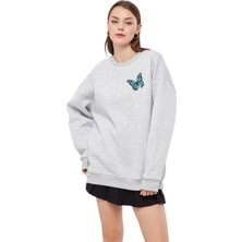 Unisex Gri Renk Basic Sweatshirt Bisiklet Yaka Hoodie Baskılı  %100 Pamuklu