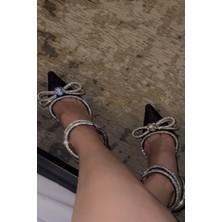 Trendy Anka Kadın Siyah Simli Saten 8cm Şeffaf Topuklu Fiyonk Taşlı Bilekten Dolamalı Sivri Burun Abiye Ayakkabı