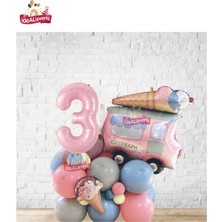 Bkmc Party Büyük Dondurma Kamyonu Pembe  Yaş Folyolu Çok Tatlı Balon Yığını,doğum Günü Parti Seti Süsü