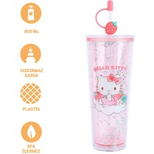 Miniso Sanrio Lisanslı Çift Cidarlı Pipetli Plastik Şişe (800ML) - Hello Kitty