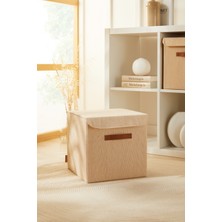 Ocean Home Textile Jüt Keten Kumaş Kapaklı Dolap İçi Çamaşır Oyuncak Düzenleyici Katlanır Saklama Kutusu 30x30x30 cm