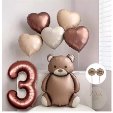 Retro Ayı Kahverengi Kalp Rakam Folyo Balon Doğum Günü Balon Seti 3 Yaş