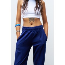 Lacivert Kadın Yüksek Ayarlanabilir Bel Comfort Fit Pamuklu Jogger Pantolon