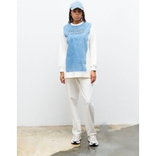 Ekru Kadın Denim Üzeri Nakış Işlemeli Bisiklet Yaka Sweatshirt  Dar Paça Pantolon Pamuklu Örme Alt Üst Takım
