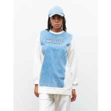 Ekru Kadın Denim Üzeri Nakış Işlemeli Bisiklet Yaka Sweatshirt  Dar Paça Pantolon Pamuklu Örme Alt Üst Takım