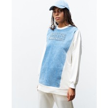 Ekru Kadın Denim Üzeri Nakış Işlemeli Bisiklet Yaka Sweatshirt  Dar Paça Pantolon Pamuklu Örme Alt Üst Takım