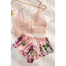 Merry See Dantel Büstiyerli Çiçekli Sütyen Şort Pijama Takımı