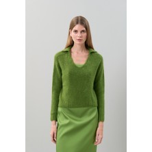 Yaka Detaylı Örme Triko Kazak Yeşil K2471009_012