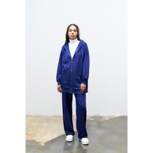 Lacivert Kadın Cep Detaylı Fermuar Kapamalı Kapüşonlu Alt Üst Pamuklu Örme Takım