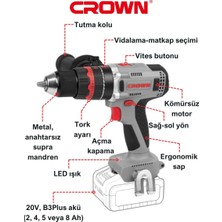 Crown Çift Vitesli Akülü Vidalama 20 V - SOLO CT21090HMX Bakır Sargılı Kömürsüz Motorlu Şarjlı Matkap