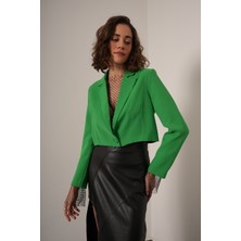 Lovely Bee Düğmeli Yeşil Crop Blazer Ceket