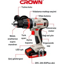 Crown Çift Vitesli Akülü Vidalama 20 V - 2 AH CT21090HMX 2 Bmc - Bakır Sargılı Kömürsüz Motorlu Çift Akülü Şarjlı Matkap